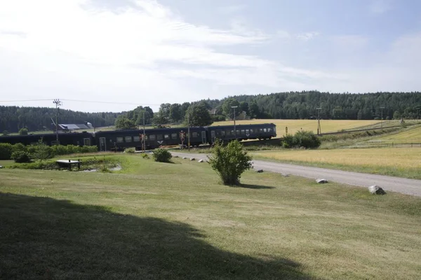 A zöld legelőkön áthaladó vonatról készült panorámakép — Stock Fotó