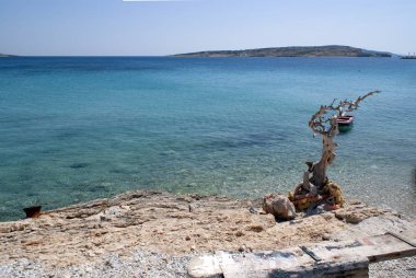 The Greek island of Koufonissi.  View to sea with a foreground with a weather worn bush. clipart