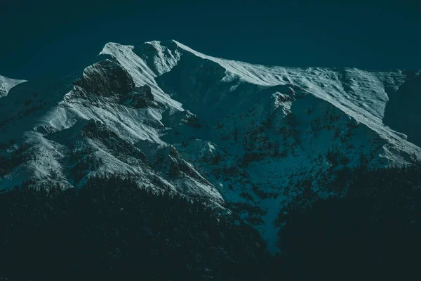 Ein Flachbild Von Schneebedeckten Berggipfeln Mit Alpinen Bäumen Bei Sonnenaufgang — Stockfoto