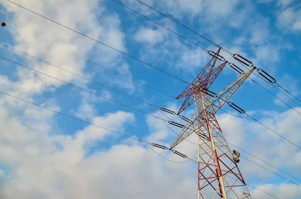 Low Angle Shot High Transmission Tower Cloudy Blue Sky Background — 스톡 사진