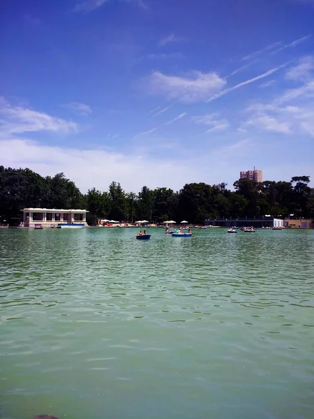 Gran angular del Parque El Retiro en Madrid bajo un cielo azul claro — Foto de Stock