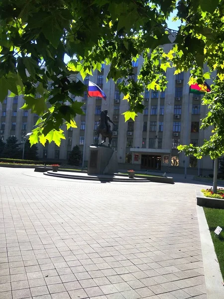 Függőleges felvétel egy szoborról egy oroszországi épület előtt. — Stock Fotó