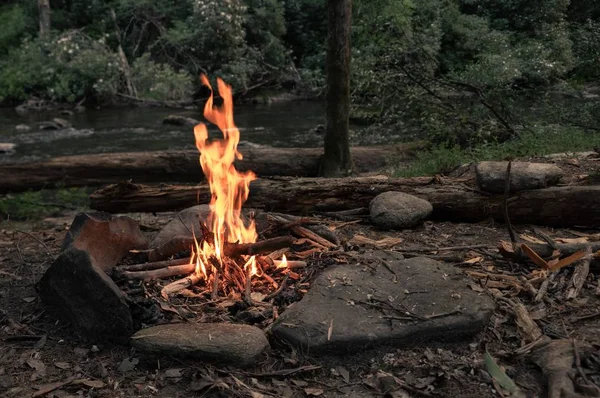Campfire περιβάλλεται από πράσινο και βράχια με ένα ποτάμι στο βάθος σε ένα δάσος — Φωτογραφία Αρχείου