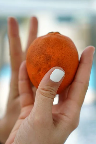 Closeup shot of a female hand holding a wrinkled orange with a blurred background — Stock Photo, Image