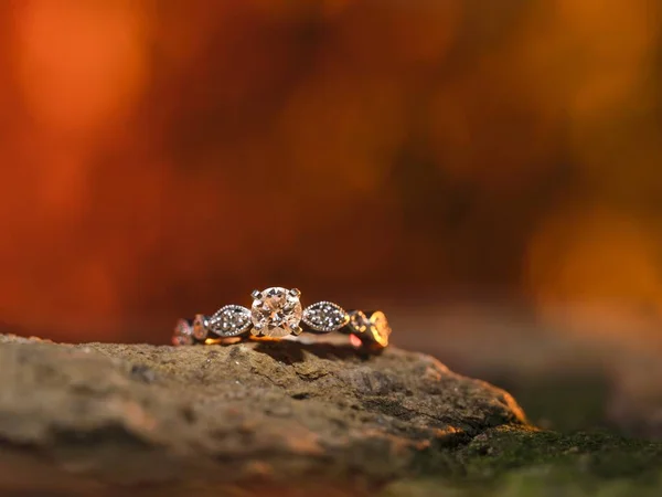 Μια Επιλεκτική Φωτογραφία Ενός Κομψού Ασημένιου Διαμαντένιου Δαχτυλιδιού Γάμου Θολό — Φωτογραφία Αρχείου