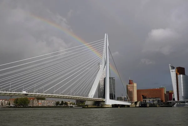 Egy Gyönyörű Fehér Híd Erasmusbrug Egy Szivárvány Égen Rotterdam Központjában — Stock Fotó