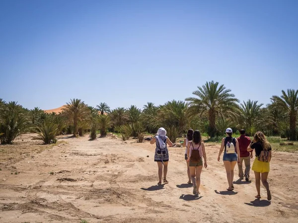 Turisti che camminano nell'Oasi del villaggio di Merzouga nel deserto del Sahara, Marocco — Foto Stock