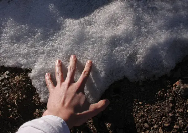 Χέρι αγγίζει το χιόνι στο έδαφος κατά τη διάρκεια της ημέρας — Φωτογραφία Αρχείου