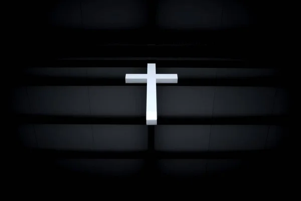 Vista ad angolo basso di una croce bianca contro uno sfondo nero sotto le luci — Foto Stock