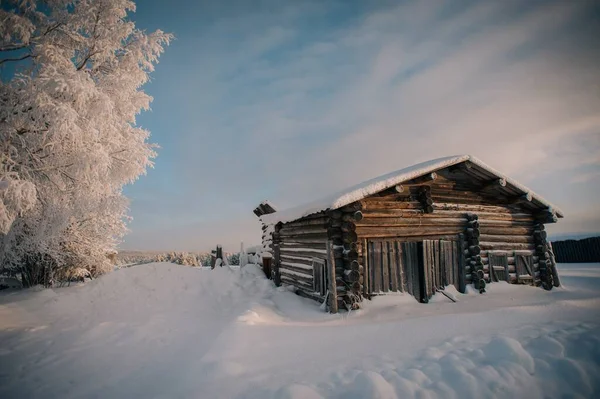 Bred bild av en stuga av trä med ett tjockt lager snö runt sig och ett stort träd — Stockfoto