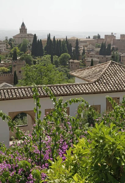Vertikal bild av Alhambra Palace i Granada, Spanien omgiven av träd — Stockfoto