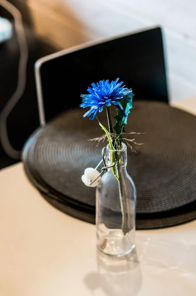 Flor azul no vaso de vidro em uma mesa de madeira no quarto — Fotografia de Stock