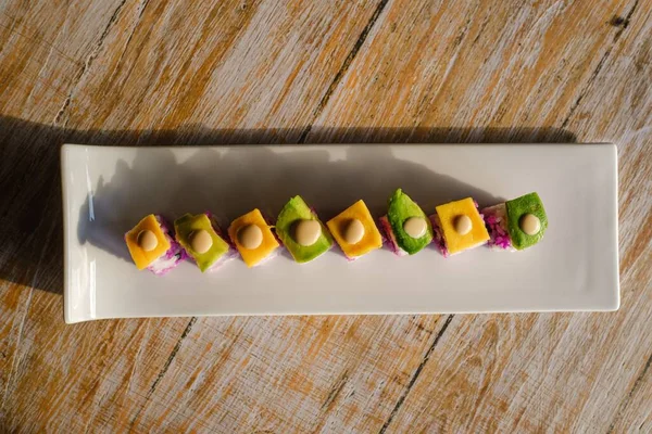 White Tray Different Kinds Sushi Put Wooden Surface — Stock Photo, Image