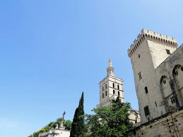 Palacio de los Papes rodeado de vegetación bajo la luz del sol y un cielo azul en Aviñón, Francia. —  Fotos de Stock