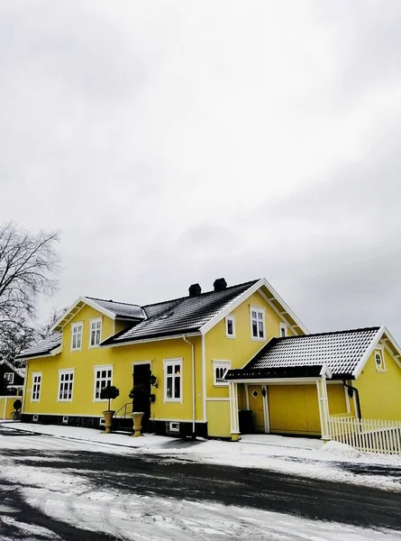 Casa amarilla rodeada de árboles cubiertos de nieve bajo un cielo nublado en Larvik, Noruega. —  Fotos de Stock