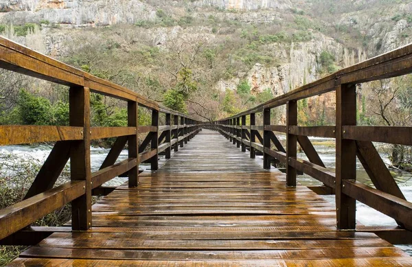 Holzbrücke umgeben von grünen Felsen im Nationalpark Krka in Kroatien — Stockfoto