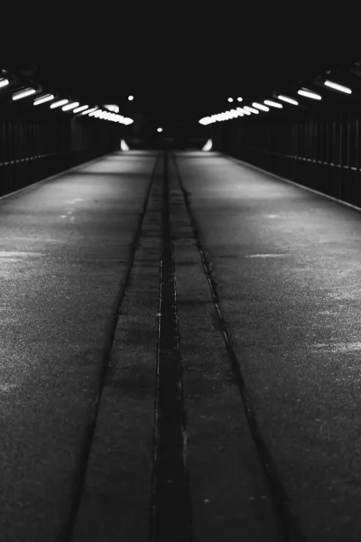 Photographie verticale en échelle de gris d'un tunnel sombre menant à un endroit inconnu — Photo