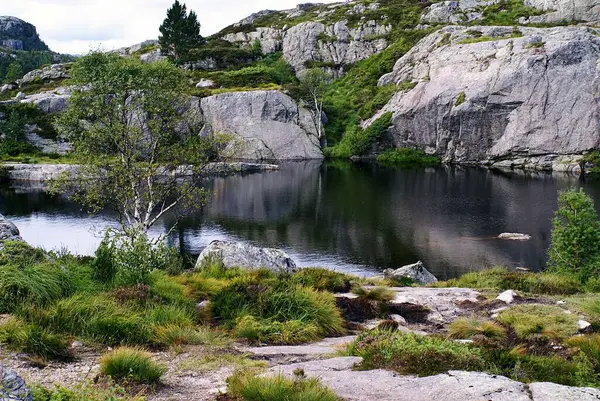Ein See im Reflex von Bäumen umgeben von Felsformationen in Preikestolen, Norwegen — Stockfoto