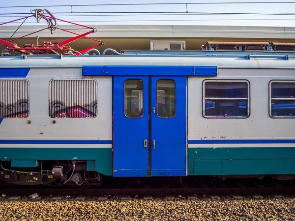 Closeup shot of a blue train door — Stock Photo, Image