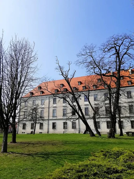 Eine Vertikale Aufnahme Eines Weißen Gebäudes Mit Einem Garten Voller — Stockfoto