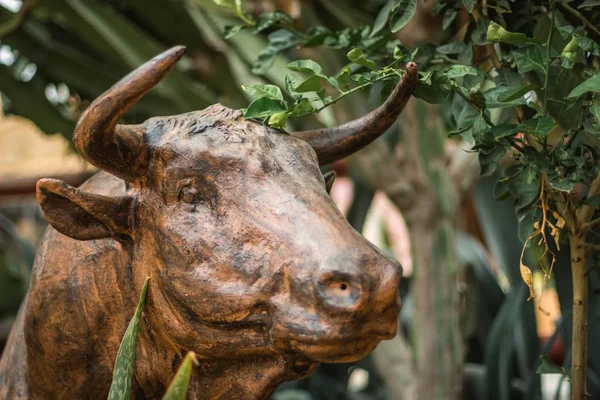 A metal statue of an ox with horns put in the middle of the grass