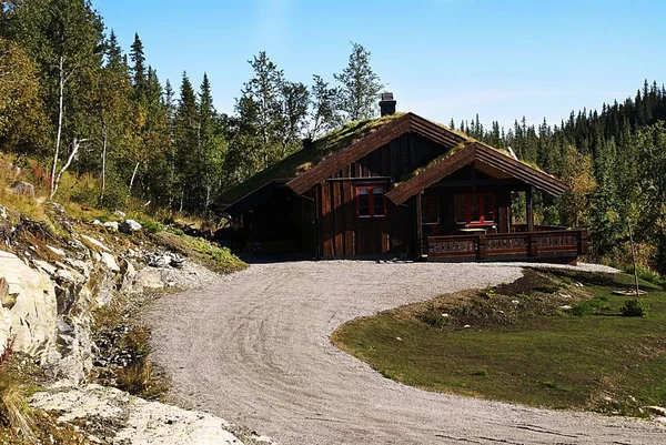 Typisch norwegisches Ferienhaus mit atemberaubender Landschaft und viel Grün in Norwegen — Stockfoto