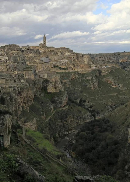 Vertical shot of the park of the Rupestrian Churches of Matera in Italy — стокове фото