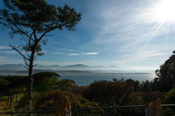 Paysage de la mer entouré de collines et de verdure sous le soleil à Portugalete en Espagne — Photo