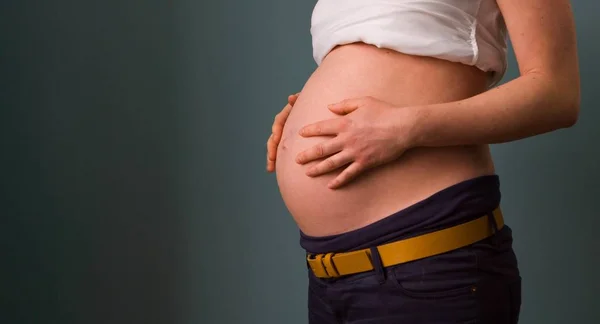 Belo tiro de uma mulher grávida acariciando sua barriga — Fotografia de Stock