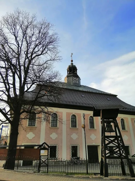 Beau Cliché Arbre Bâtiment Rose Blanc Avec Toit Acier Jelenia — Photo