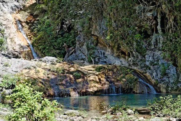 Beautiful scenery of a waterfall flowing in a river in a forest — Stock Photo, Image