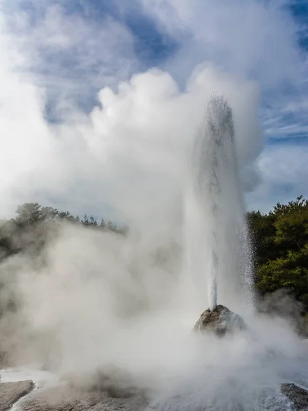 Vertical Shot Geyser Erupting Surrounded Trees Blue Sky — Stock Photo, Image