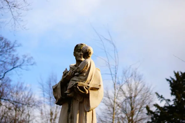 Weitwinkelaufnahme der Statue eines Mannes, der ein Kind im Park hält — Stockfoto