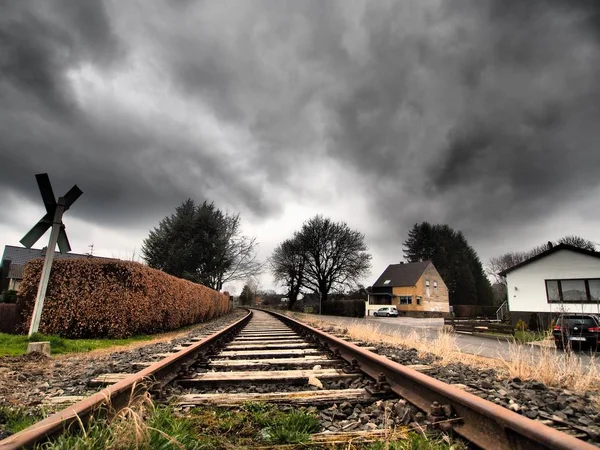 Bulutlu bir gökyüzünün altında ağaçlarla çevrili demiryolu raylarının geniş açılı görüntüsü. — Stok fotoğraf