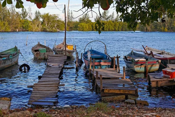 Lote de barcos enferrujados de madeira no lago durante o dia — Fotografia de Stock