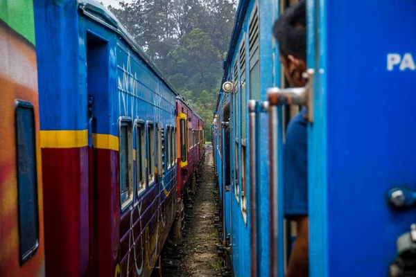 Dos trenes seleccionados que se pasan los unos a los otros — Foto de Stock