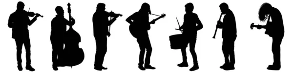 Illustrierte Silhouetten von Musikern, die verschiedene Instrumente auf weißem Hintergrund spielen — Stockfoto