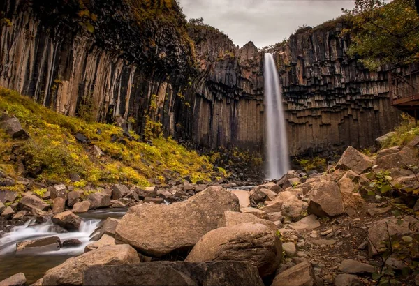 Водоспад Свартіфосс оточений камінням і зеленню під хмарним небом у Скафтафеллі (Ісландія). — стокове фото