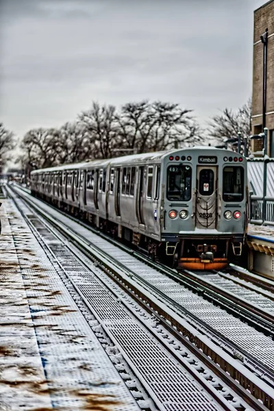 Train arrivant à une gare en hiver — Photo