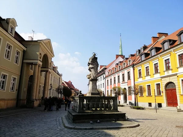 Чудовий знімок статуї та будівель на вулицях Вроцлавської Польщі. — стокове фото