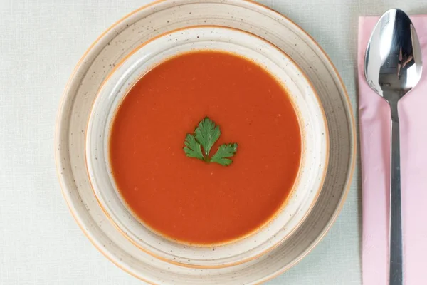 Tiro Vista Superior Sopa Tomate Com Verde Topo — Fotografia de Stock