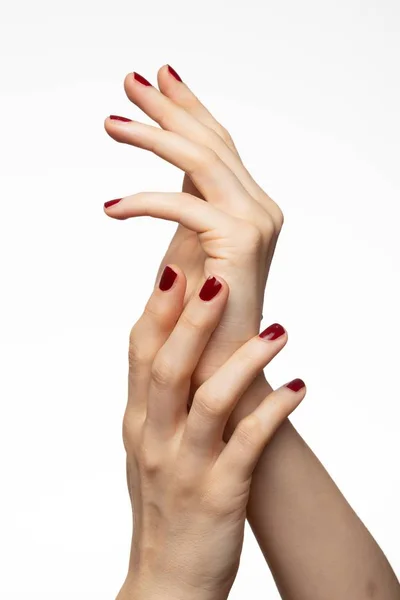 Foto vertical de manos femeninas con un pulido de uñas rojas con un color blanco en el fondo. — Foto de Stock