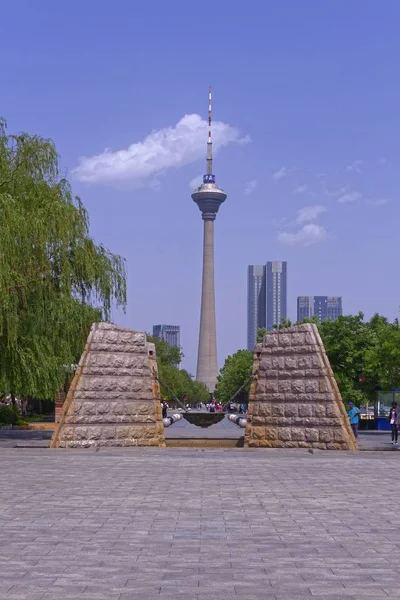 Foto vertical de una torre en un parque rodeado de árboles. — Foto de Stock