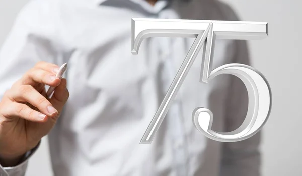 Person presenting a virtual projection of the digital number seventy-five — Stock Photo, Image