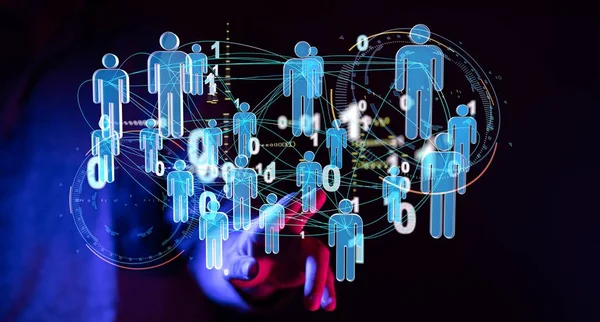 Menselijke hand die de digitale projectie van een sociaal netwerk presenteert — Stockfoto