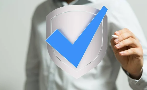 Person presenting a virtual projection of a checkbox — Stock Photo, Image