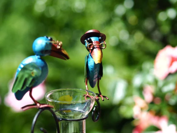 Weitwinkelaufnahme zweier Statuen von bunten Vögeln nebeneinander — Stockfoto