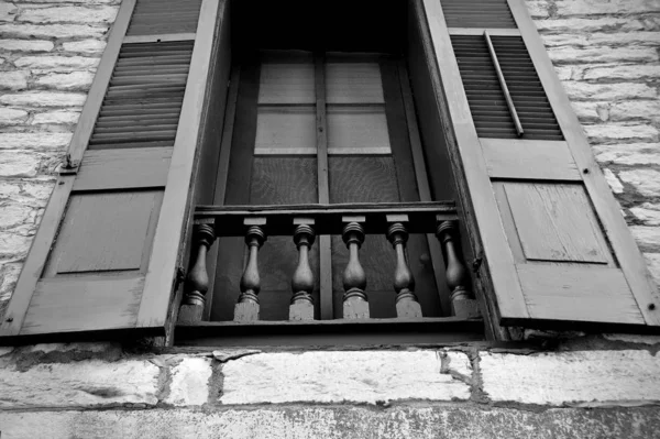 Grayscale Shot Vintage Window Balusters Wooden Shutters — Stock Photo, Image
