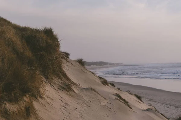 Vista fascinante de uma praia de areia com o oceano ao fundo durante o pôr do sol — Fotografia de Stock