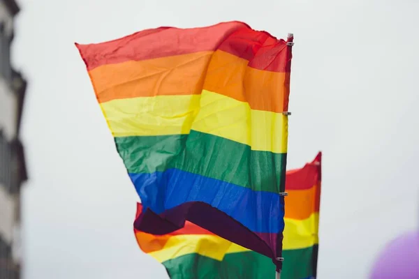 Gros Plan Drapeaux Fierté Sous Les Lumières Avec Arrière Plan — Photo